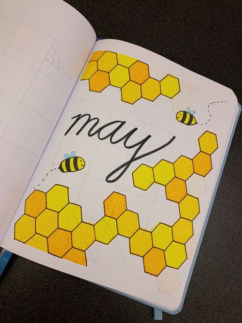 May Title Page, How To Draw Honeycomb, Honeycombs Drawings, Bee Journal, Bees Journal Ideas, Honey Bee Drawing, Bee Theme Bullet Journal, May Bullet Journal, Bee Notebook