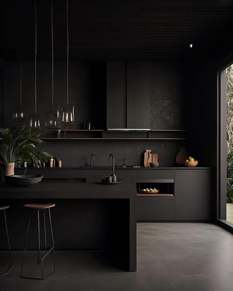 Minimalist Bar Stools, Black Kitchen Aesthetic, Black Home Design, Modern Dark Kitchen, Contemporary Black Kitchen, Kitchen Wallpaper Ideas, Monochromatic Kitchen, All Black Kitchen, Black Cabinetry