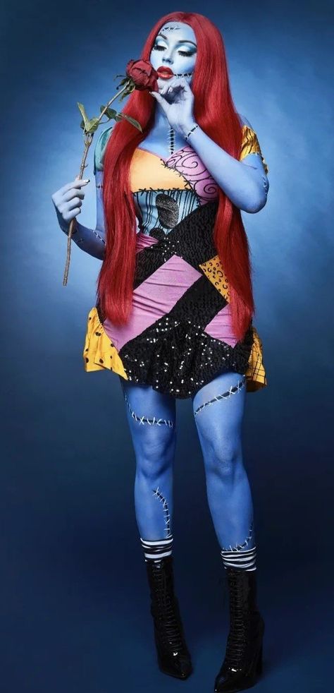 How To Make Sally Costume, Sally Dress Nightmare Before Christmas, Sally Stitches Costume, Sally Cosplay Nightmare Before Christmas, Brunette Hair Costume Ideas, Blue Wig Costume Ideas, Iconic Halloween Characters, Diy Sally Costume Women, Disney Villains Halloween Costumes