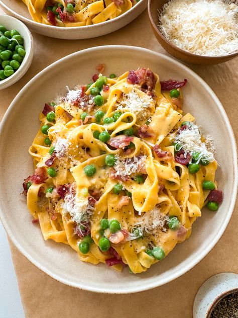 Carbonara Pasta | Moribyan Pancetta Carbonara Pasta, Fettuccine Carbonara, Bacon Carbonara, Pumpkin Bagels, Beef Chorizo, Crispy Beef, Beef Bacon, Carbonara Recipe, Pasta Carbonara