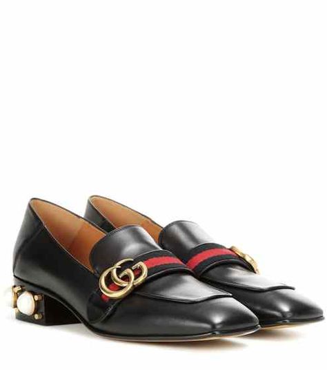 Leather mid-heel loafers | Gucci Loafers Gucci, Black Loafer Shoes, Oxford Shoes Outfit, Heel Loafers, Studded Loafers, Studded Shoes, Gucci Loafers, Mid Heel Shoes, Embellished Shoes