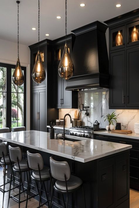 Kitchen Decor Ideas Black And White, White Cabinets With Black Island Kitchen, Kitchen Ideas With Black Cabinets, Kitchen Island Ideas Black, Traditional Black Kitchen, Black And White Cabinets Kitchen, Black Kitchen Ideas Modern, Black Kitchen Island Ideas, Luxury Black Kitchen