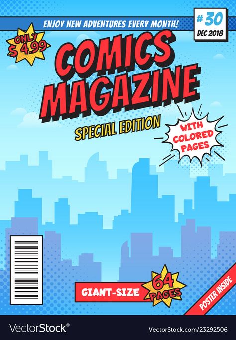 Comic book cover page city superhero empty comics Vector Image Books Vector, Magazine Cover Layout, Comic Template, Pop Book, Comic Book Template, Comic Frame, Book Cover Page, Book Cover Template, Comic Poster