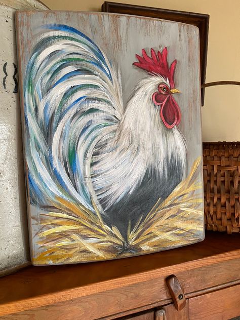 Paintings Of Roosters Acrylics, Rooster Painting Easy, Rooster Art Painting, Chicken Painting Easy, Rooster Decor Farmhouse, Rooster Paintings, Hen Art, Chicken Paintings, Coop Decor