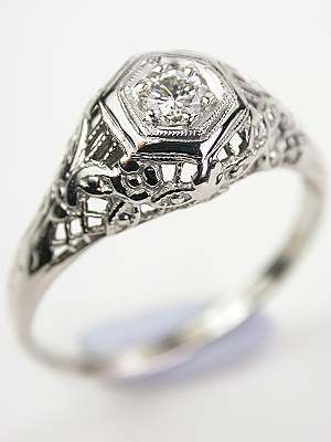 Vintage Floral and Filigree Engagement Ring, RG-3214 1920s Engagement Ring, Hexagon Engagement Ring, Hexagonal Ring, Antique Diamond Engagement Rings, Edwardian Engagement Ring, Vintage Art Deco Rings, Antique Filigree, Filigree Engagement Ring, Antique Engagement Ring