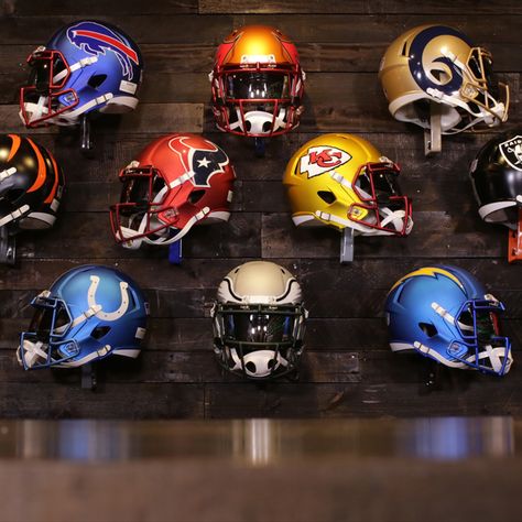 Football Helmets Display, Helmet Display Ideas Man Cave, Football Helmet Wall Display, Football Helmet Display Ideas, Mini Helmet Display Ideas, Football Memorabilia Display, Football Man Cave Ideas, Helmet Display Ideas, Sports Memorabilia Room