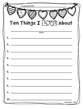 FREE:  "Ten Things I Love About You"  (Extension Activity from the Children's Book by the Same Title) Valentines Worksheets 1st Grade, Valentines Reading Activities 2nd Grade, Valentines Day Worksheets 2nd Grade, February Writing Prompts For Kids, Valentine Writing Activity, First Grade Writing Prompts, School Holiday Crafts, Prompt Journal, Valentine Activity