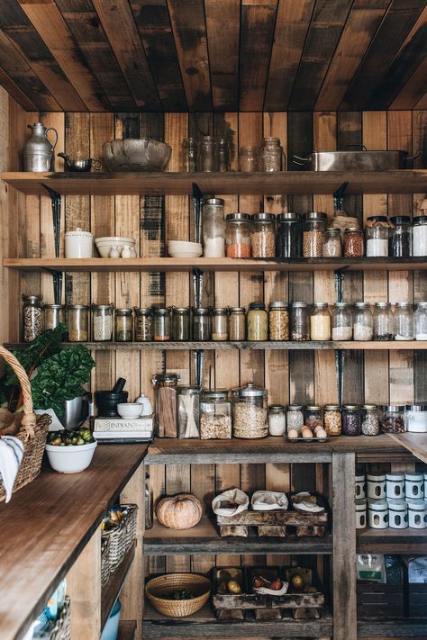 This country-style home in Launceston, Tasmania, features a walk-in butler's pantry full of storage jars. Food Storage Rooms, Kitchen Open Shelves, Cozy Cottage Kitchen, House Pantry, Timber Shelves, Country Interior Design, Food Pantry Organizing, Reclaimed Brick, Cottage Kitchens