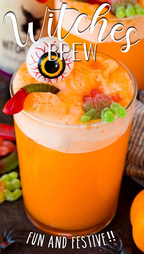 This witches brew is a spooky Halloween punch made with orange soda, orange sherbet and pineapple juice, then decorated with worms and spiders. Witches Brew Halloween Punch, Orange Halloween Punch, Witches Brew Punch, Spooky Halloween Punch, Orange Punch, Halloween Punch, Spooky Food, Orange Sherbet, Orange Soda