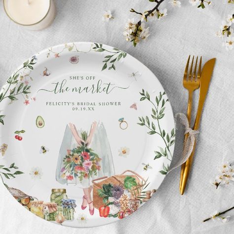 Off The Market | Farmer's Market Bridal Shower Paper Plates She’s Off The Market Decorations, Bridesmaid Activities, She’s Off The Market, Farmers Market Bridal Shower Theme, Off The Market Bridal Shower Theme, Bakery Theme, Chic Bridal Showers, Awesome Bachelorette Party, Wedding Plates