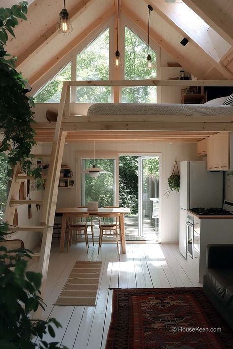 Step into the Split Roof Tiny Cabin, a unique Scandinavian retreat that will amaze you. With its stunning design and cozy interior, this tiny house is the perfect place to escape from the world and relax. Click the article for more ideas! Scandinavian Tiny House, Scandinavian Cabin, Small Wooden House, Tiny House Interior Design, Tiny House Loft, House Loft, Tiny House Inspiration, Loft House, Tiny Cabin