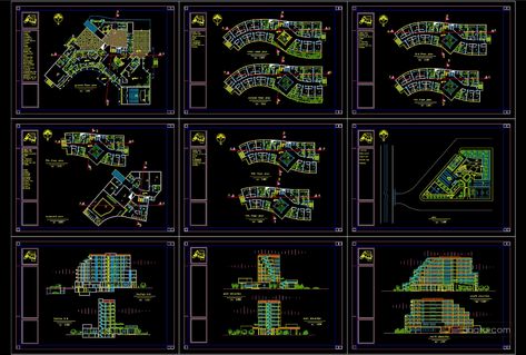 5-Star Hotel Layout Plan and Elevations AutoCAD File DWG Hotel Masterplan, Hotel Layout Plan, Hotel Project Architecture, Autocad Layout, Hotel Layout, Suite Room Hotel, Hotel Room Design Plan, Residential Building Plan, Hermitage Hotel