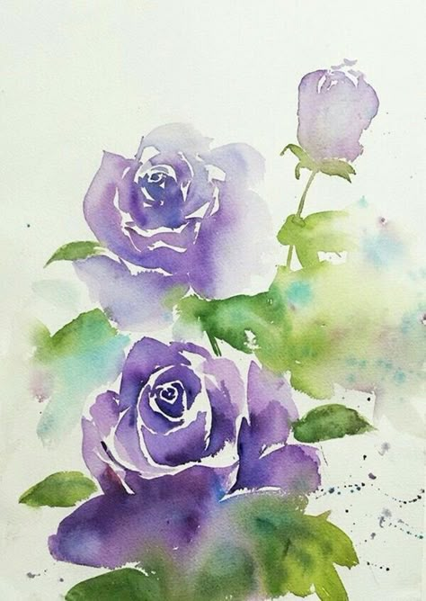 Purple Flowers Watercolor Painting, Purple Rose Painting, Easy Watercolor Painting Ideas, Purple Watercolor Flowers, Easy Watercolor Painting, Painting Roses, Watercolor Painting Ideas, Roses Watercolor, Watercolor Flowers Tutorial