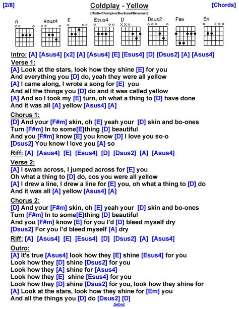 Seven Nation Army Guitar Chords, Yellow Guitar Chords, Coldplay Yellow, Yellow By Coldplay, Yellow Coldplay, Kalimba Notes, Ukulele Tabs Songs, Yellow Guitar, Learn Guitar Songs