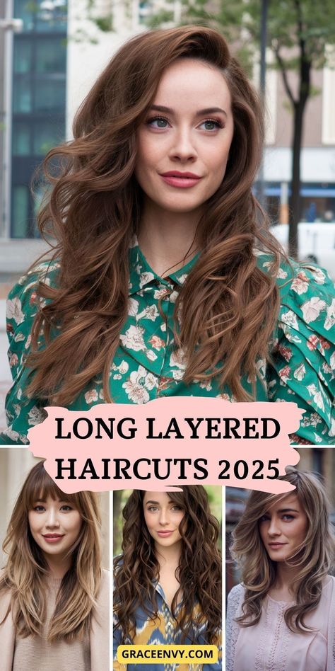 Long layered haircuts 2025 offer endless possibilities for styling, whether you prefer a boho, grunge, or vintage aesthetic. This cut complements thick hair with curtain bangs or adds volume to fine hair with choppy layers. Face framing enhances the style, while medium length and shoulder-length variations are ideal for straight or wavy hair. Add side bangs to complete the look with a touch of French elegance.