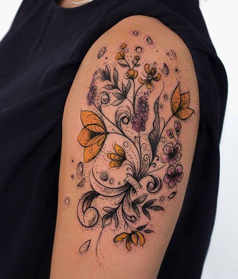 floral tattoo on shoulder Vintage Floral Tattoo, Norwegian Tattoo, Norway Tattoo, Vintage Floral Tattoos, Mandala Rose Tattoo, Vintage Flower Tattoo, Floral Tattoo Shoulder, Floral Thigh Tattoos, Tattoo Line