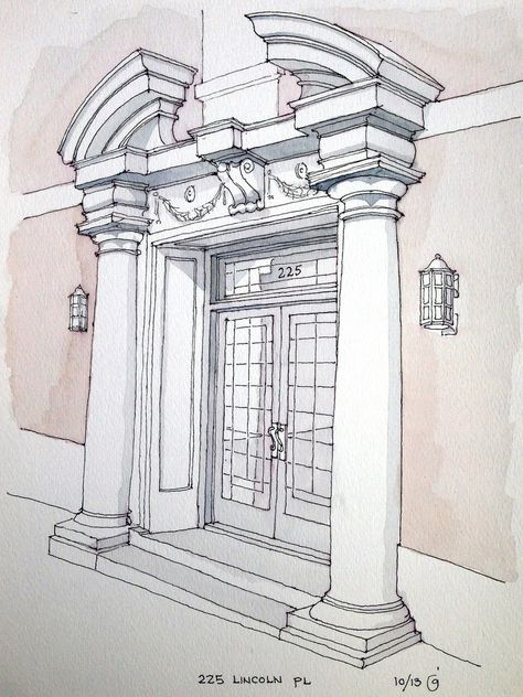 An apartment building entrance with a broken segmental pediment. Ink and watercolor sketch on location. Apartment Building Entrance, Euphoria Prom Makeup, Euphoria Prom, Building Entrance, Building Sketch, Architecture Design Sketch, Ink And Watercolor, Architecture Concept Drawings, Architecture Drawing Art