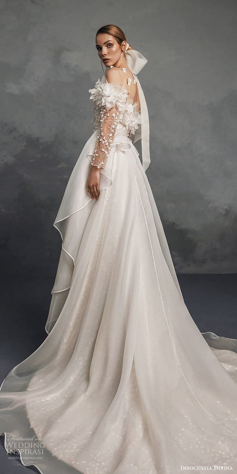 Weddinginspirasi.com featuring - innocentia divina spring 2023 bridal sheer long sleeeve off shoulder sweetheart neckline fully embellished a line ball gown wedding dress chapel train (12) bv -- Innocentia Divina Spring 2023 Wedding Dresses #wedding #weddings #bridal #weddingdress #weddingdresses #bride #fashion #collection:MelodiadelParadiso #label:InnocentiaDivina #week:262022 #year:2023.season:Spring/Summer ~ 2023 Wedding Dresses, Ethereal Gowns, A Line Ball Gown, Korean Wedding Dress, Muslimah Wedding Dress, Wedding Inspirasi, Stylish Wedding Dresses, Cute Wedding Dress, Chapel Train