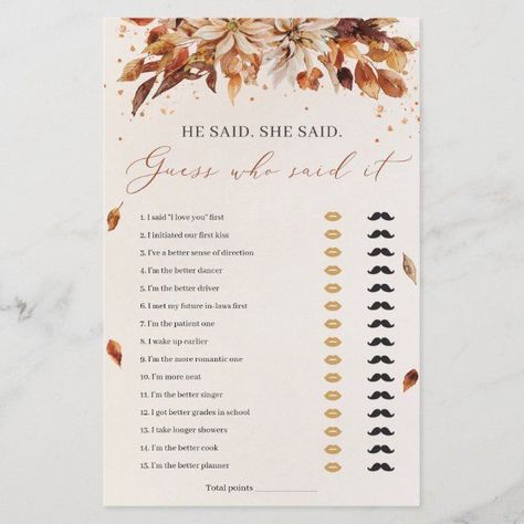 Fall Flowers He said She said Bridal Shower Game Fall In Love Bridal Shower, Boho Bridal Shower Invitations, Autumn Bridal, Wedding Game, He Said She Said, Wedding Shower Games, Boho Bridal Shower, Fall Bridal Shower, Floral Bridal Shower Invitations