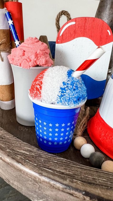 whiskeyandwhit on Instagram: Snow cones anyone?! 🍧 🇺🇸 . These adorable DIY @dollartree faux snow cones are perfect for your patriotic tiered tray! ♥️🤍 The full tutorial… Diy Decor Cricut, Patriotic Tiered Tray, Snow Cone, Faux Snow, Wood Flag, Fourth Of July Decor, Snow Cones, 4th Of July Decorations, Patriotic Wreath