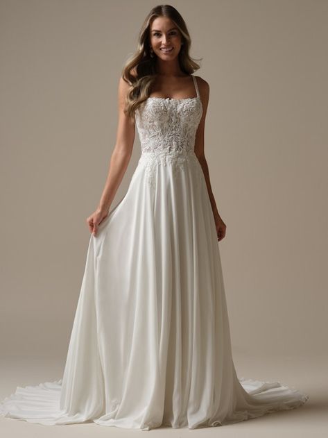 Avery Chiffon Backless A-line Wedding Gown | Maggie Sottero Wedding Dresses Cottagecore, Cottagecore Wedding Dresses, Tulle Wedding Dress Long Sleeve, 3d Lace Wedding Dress, Whimsical Wedding Dresses, Wedding Dress Embroidery, Wedding Dresses Floral, Dress Mood Board, Rebecca Ingram Wedding Dresses