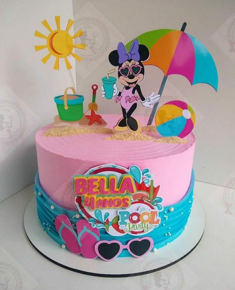 Minnie Pool Party Cake, Minnie Mouse Pool Party Decorations, Minnie Mouse Pool Party Cake, Minnie Mouse Pool Party Ideas, Minnie Mouse Swim Party, Minnie Mouse Pool Party, Minnie Mouse Luau, Tropical Birthday Cake, Pool Party Diy