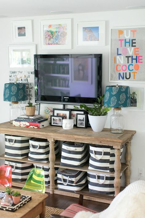 Great tips on how to decorate around a television. Decorate Tv Wall, Decor Around Tv, Tv Wall Decor Ideas, Under Tv, Flat Screen Tv, Tv Wall Decor, Tv Decor, Amber Interiors, Ikea Hacks