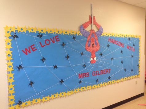 Spiderman Bulletin Board Spiderman Hallway Decor, Spider Man Bulletin Board Ideas, Spiderman Bulletin Board, Super Hero Bulletin Board Ideas, Spiderman Classroom, Superhero Classroom Bulletin Boards, Superhero Classroom Door, Hero Bulletin Board, Superhero Bulletin Boards