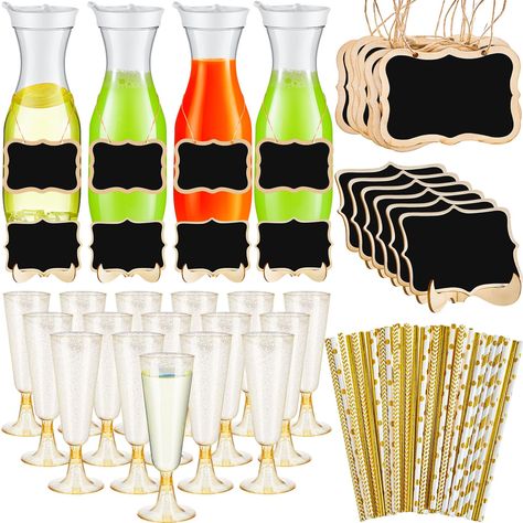 PRICES MAY VARY. What You Will Receive: the package contains are 4 pieces of mimosa juice pitchers, 25 pieces of plastic champagne flutes, 25 pieces of gold paper straws bulk, 10 pieces of wooden chalkboard tags, 10 pieces of stickers, nice mimosa bar supplies for your party using Easy to Refrigerate and Serve: plastic juice carafe with lids is made of shatterproof PET plastic, with leak proof lids, plastic carafe pitcher is easy to hold and pour, and fit in most refrigerator doors, please note Plastic Champagne Flutes, Chalkboard Tags, Chalkboard Stickers, Carafe Set, Juice Pitcher, Water Carafe, Bar Supplies, Toasting Glasses, Mimosa Bar