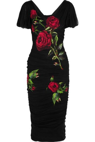 Dolce & Gabanna Floral-appliquéd silk-blend tulle dress £2,700 Form Fitting Black Dress, Floral Applique Dress, Embroidered Tulle Dress, Black Ruched Dress, Rose Print Dress, Floral Cocktail Dress, Black Dress With Sleeves, Dolce Gabbana Dress, Embroidered Tulle