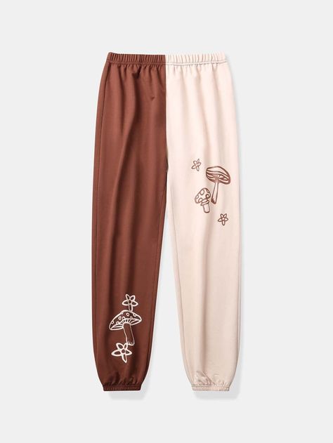 Two Tone Sweatpants, Cute Mushroom Clothes, Cute Mushroom Outfits, Cottagecore Bottoms, Mushroom Outfit Aesthetic, Mushroom Aesthetic Outfit, Kawaii Sweatpants, Mushroom Outfits, Mushroom Clothes