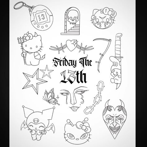 @lanadelreytattoos_ • Instagram photos and videos Goth Tattoo Flash Sheet, Friday The 13th Flash, Small Nature Tattoo, Chest Tattoo Stencils, Tattoo Practice, Body Image Art, Goth Tattoo, Flash Sheet, Tattoo Flash Sheet