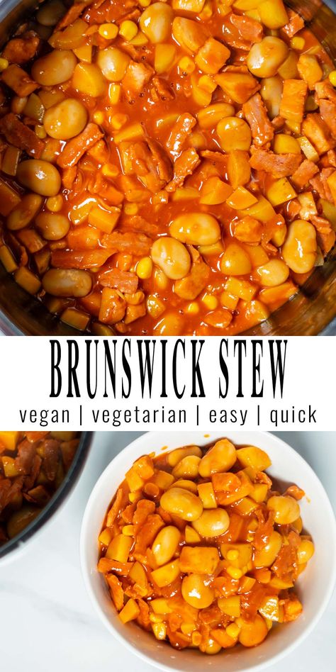 Brunswick Stew is hearty, complex, and delicious. Made with potatoes, beans, vegan chicken and lots of flavors in and out from barbecue sauce and crushed red pepper. It is a great, budget friendly and filling recipe that the whole family will make on repeat. #vegan #dairyfree #dinner #lunch #mealprep #brunswickstew #contentednesscooking Vegan Brunswick Stew Recipe, Vegan Brunswick Stew, Vegetarian Brunswick Stew, Brunswick Stew Recipe, Brunswick Stew, Clean Eating Vegan, Vegan Christmas Recipes, Vegan Chicken, Shrimp Recipes For Dinner