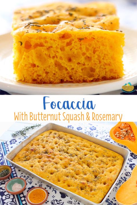 Focaccia with Butternut Squash & Rosemary | Buona Pappa Butternut Squash Yeast Bread, Butternut Squash Baked Goods, Butternut Squash Baking Recipes, Butternut Squash Canning Recipes, Butternut Squash Bread Recipe, Butternut Dessert, Butternut Squash Puree Recipes, Butternut Squash Dessert Recipes, Squash Desserts