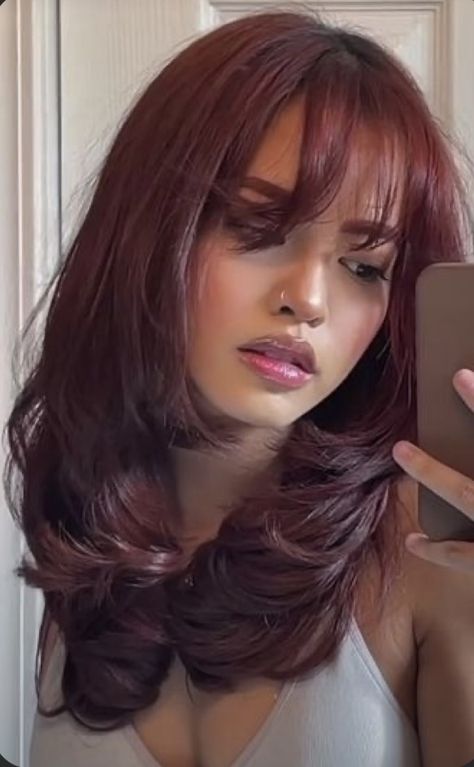 Dark Red Hair Wedding Hairstyles, Cherry Cola Hair Color Aesthetic, Intense Dark Red Hair, Black Cherry Hair With Money Piece, Wine Red Money Piece Hair, Colour On Short Hair, Red Ish Brown Hair Color, Mahogany Red Hair Color, Dark Red Hair On Brown Skin