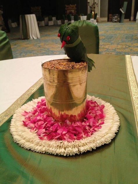 Parrots Wedding Coconut, Indian Baby Shower Decorations, Leaf Decor Wedding, Indian Baby Showers, Goa Wedding, Haldi Decor, Brass Decoration, Telugu Wedding, Desi Wedding Decor