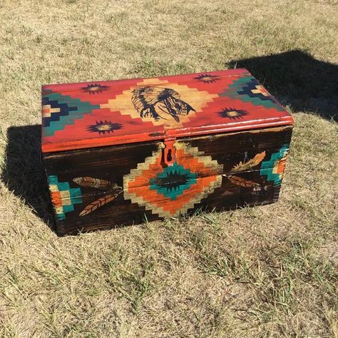 Navajo Painted Furniture, Southwest Decor Diy Ideas, Aztec Furniture Makeover, Western Furniture Ranch Style Rustic, Native American Living Room Ideas, Southwest Furniture Painted, Western Style Painted Furniture, Blue Western Decor, Aztec Furniture Diy