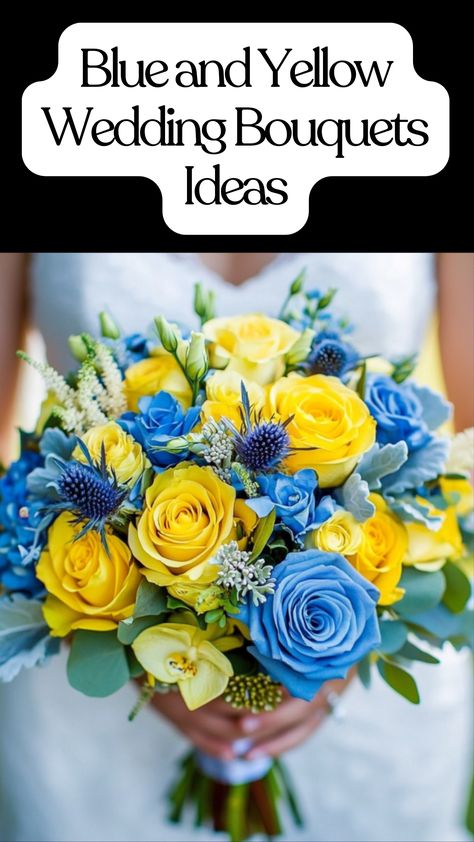 Beautifully arranged blue and yellow wedding bouquets symbolize love and happiness, perfect for creating unforgettable centerpieces that resonate with personal style. Blue And Yellow Wedding Bouquet, Yellow And Blue Wedding Theme, Blue And Yellow Wedding Flowers, Blue And Yellow Wedding Theme, Yellow And Blue Bouquet, Light Blue And Yellow Wedding, Yellow Wedding Bouquets, Navy And Yellow Wedding, Yellow And Blue Wedding