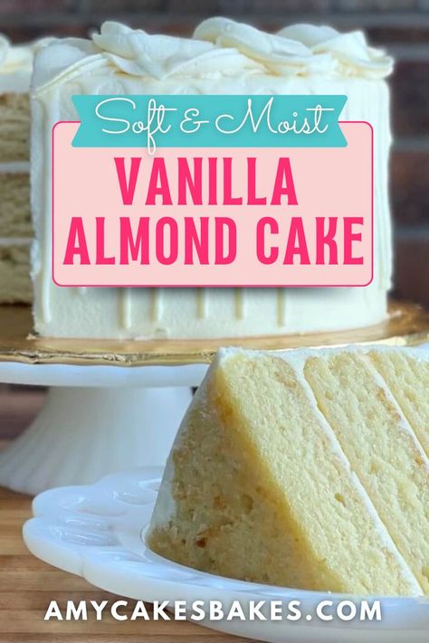 When it comes to wedding cake ideas, the Vanilla Almond Cake is a sure hit. This bakery recipes is one of the most popular wedding cakes in Amycakes Bakery, and is also sought-after for special events like Mother's Day. The surprising part about this cake is the texture--it is soft and light, and yet rich and moist all at the same time. Plus the extra buttery almond flavor really sets it apart from a typical white cake or vanilla cake. Check out our full Vanilla Almond Cake recipe on the blog! Almond Extract Cake, Moist Almond Cake Recipe, Almond Cake From Box Cake, Vanilla Wedding Cake Recipe, Vanilla Almond Cake Recipe, Amycakes Bakery, Almond Wedding Cake Recipe, White Cake Mix Recipes, Popular Wedding Cakes