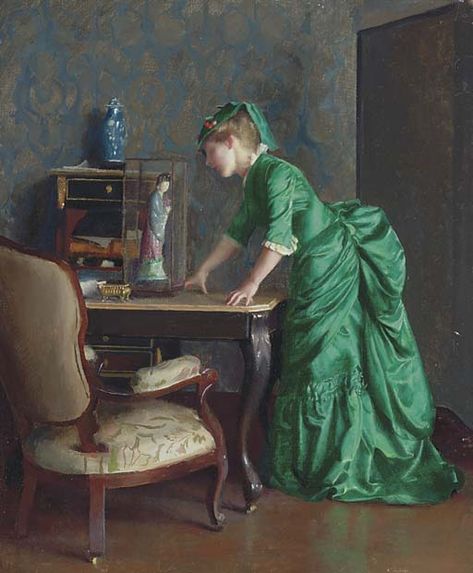 The Green Dress, by William McGregor Paxton, was painted in 1914 but is a reduction of his earlier painting, 1875. The dress was specially made at Paxton's request. Edward Robert Hughes, James Abbott Mcneill Whistler, Dante Gabriel Rossetti, Richard Diebenkorn, Albert Bierstadt, John Tenniel, Victorian Paintings, Robert Motherwell, Impressionist Artists