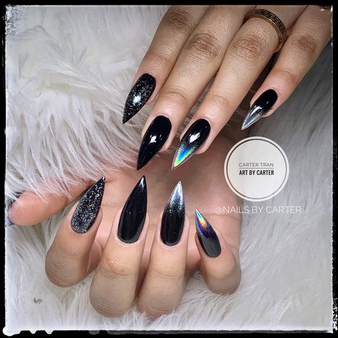 Holographic Ombré Black Ocean 055dnd ft Stiletto Nails Look 👀   Text for an Appointment:  8109869981 Instagram: carterfnails  FB: carterfnails Pinterest: carterfnails #nailsbycarter #nailsofinstagram #gelnails #nailsart #nailsaddict #stilletonails #coffinnailshape #squarenailshape #longnailsdontcare #shortnailsdontcare #chromenails #swarovskinailart #colorpowder #promnails #pixelnails #customnails #brightonhighschool #hartlandhighschool #dippowdernails Black Holographic French Tip Nails, Black Holographic Nails Acrylic, Black Chrome Nails With Glitter, Matte Holographic Nails, Holo Black Nails, Black Nails With Holographic Glitter, Black Metallic Ombre Nails, Black Holographic Nail Designs, Black Chrome And Glitter Nails