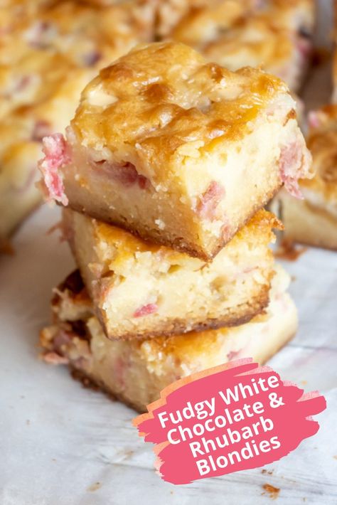 rhubarb blondies 6 Rhubarb Blondies, Chewy Blondies, Rhubarb Scones, One Bowl Brownies, Moist Brownies, Fresh Rhubarb, White Chocolate Brownies, White Chocolate Blondies, Fruity Treats