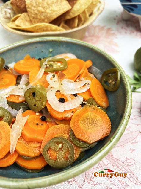 Mexican Pickled Carrots | Homemade Carrot and Chili Pickle | THE CURRY GUY Whiskey Carrots, Mexican Pickled Carrots, Mexican Favorites, Jalapeno Chili, Pickled Carrots, Refrigerator Pickles, Pickled Ginger, Light Snacks, Carrot Recipes