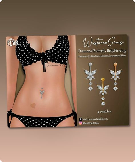 This is a Set with 2 Creations – Click here to show all This Set Includes: 2 piercings, one for each skin type A (for Base Game Skins) and B (for Customized Skins) FOR WOMAN NEW MESH TEEN TO ELDER Rings Category (Index Finger Right) 4 swatches Base Game Compatible All Body Morphs HQ ModContinue reading "Diamond Butterfly Belly Button Piercing / Accessories" #elder #teen #accessories #base_game #adult #sims4 The Sims 4 Belly Button Piercing, The Sims 4 Cc Belly Piercings Patreon, Belly Button Piercing Sims 4 Cc, Sims 4 Maxis Match Belly Button Piercing, Sims 4 Maxis Piercings, Butterfly Belly Button Piercing, Accessories Sims 4 Cc, Teen Accessories, Piercing Accessories