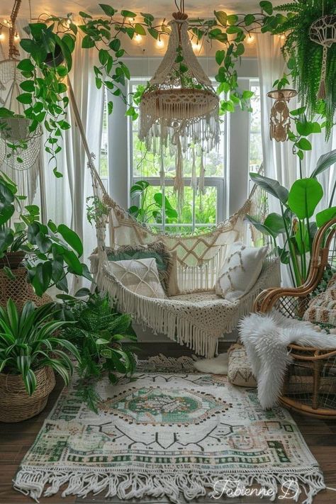 Garden Style Living Room, Sunroom With Hammock, Patio Reading Nook Outdoor Spaces, Boho Modern Apartment Decor, Aesthetic Plant House, Home Hammock, Dreamy Sunroom, Beachy Sunroom, Sunroom Ideas Plants