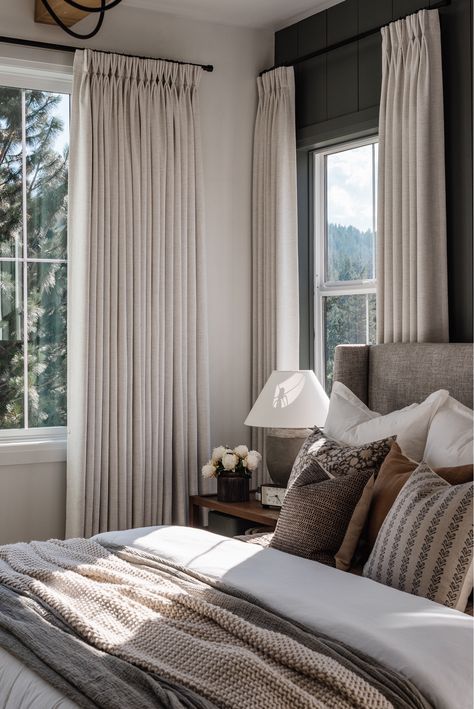 Sabrina Heavyweight Linen Curtains curated on LTK Curtains On One Side Of Window Bedroom, Luxury Bedroom Curtain Ideas, Curtains Behind Nightstands, Dresser In Front Of Window With Curtains, Bed In Front Of Curtains, Master Curtains Bedroom, Window Drapes Bedroom, Long Bedroom Curtains, Tall Curtains Bedroom