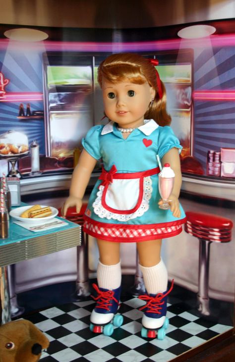 American Girl Doll Maryellen,  in 1950's Diner Doll Room,  The outfit and some of the accessories are made by Our Generation 1950's Diner, American Girl Maryellen, Maryellen Larkin, Waitress Outfit, Ag Photography, Og Dolls, Doll Room, Challenge Ideas, Doll Food