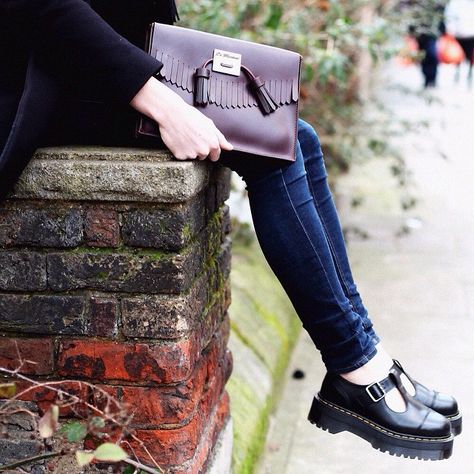 「The #DrMartens Fringe Clutch, inspired by our classic loafers and crafted in our heavyweight Brando leather. Styled with the Bethan Shoe. #DrMartenStyle」 Dr Martens Mary Jane Outfit, Mary Jane Shoes Outfit Dr Martens, Doc Martens Mary Janes Outfit, Dr Martens Boots Outfit, Pink Doc Martens, Doc Martens Mary Janes, Dr Martens Mary Janes, Mary Jane Outfit, Mary Janes Outfit