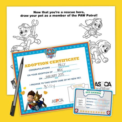 Paw patrol party idea. Adopt a puppy party favor will be complete with adoption certificste and pet license. Free printable Paw Patrol Puppy Adoption, Paw Patrol Printable, Puppy Party Favors, Pet Adoption Certificate, Paw Patrol Printables, Adopt A Puppy, Paw Patrol Rescue, Paw Patrol Christmas, Paw Patrol Pups