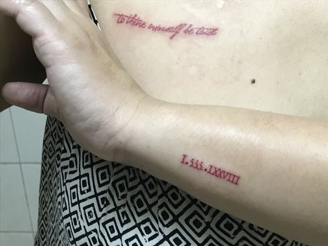 My 3rd and 4th... From  Shakespeare’s Hamlet: Act 1, Scene 3, Line 78 - “to thine ownself be true” #tinytattoos #hamlet Hamlet Tattoo Ideas, Shakespeare Tattoo Quotes, Hamlet Tattoo, Shakespeare Tattoo, Tattoos Inspiration, Tattoo Inspo, Character Creation, Tiny Tattoos, Inspirational Tattoos